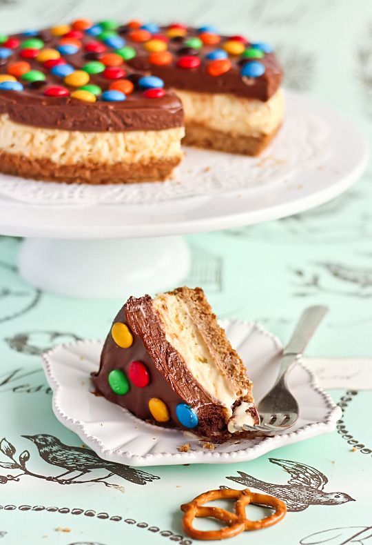 M&M Chocolate Mousse Cheesecake with a Salted Pretzel Crust