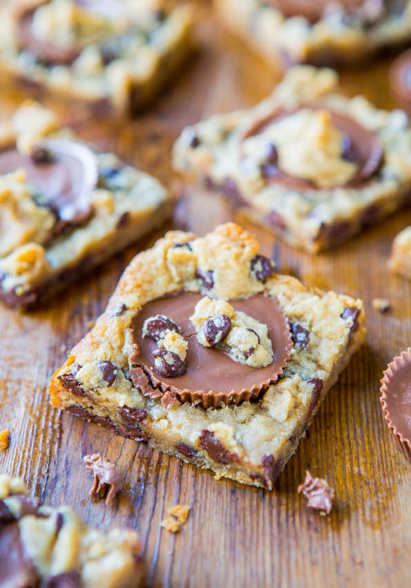 Two Ingredient Peanut Butter Cup Chocolate Chip Cookie Dough Bars