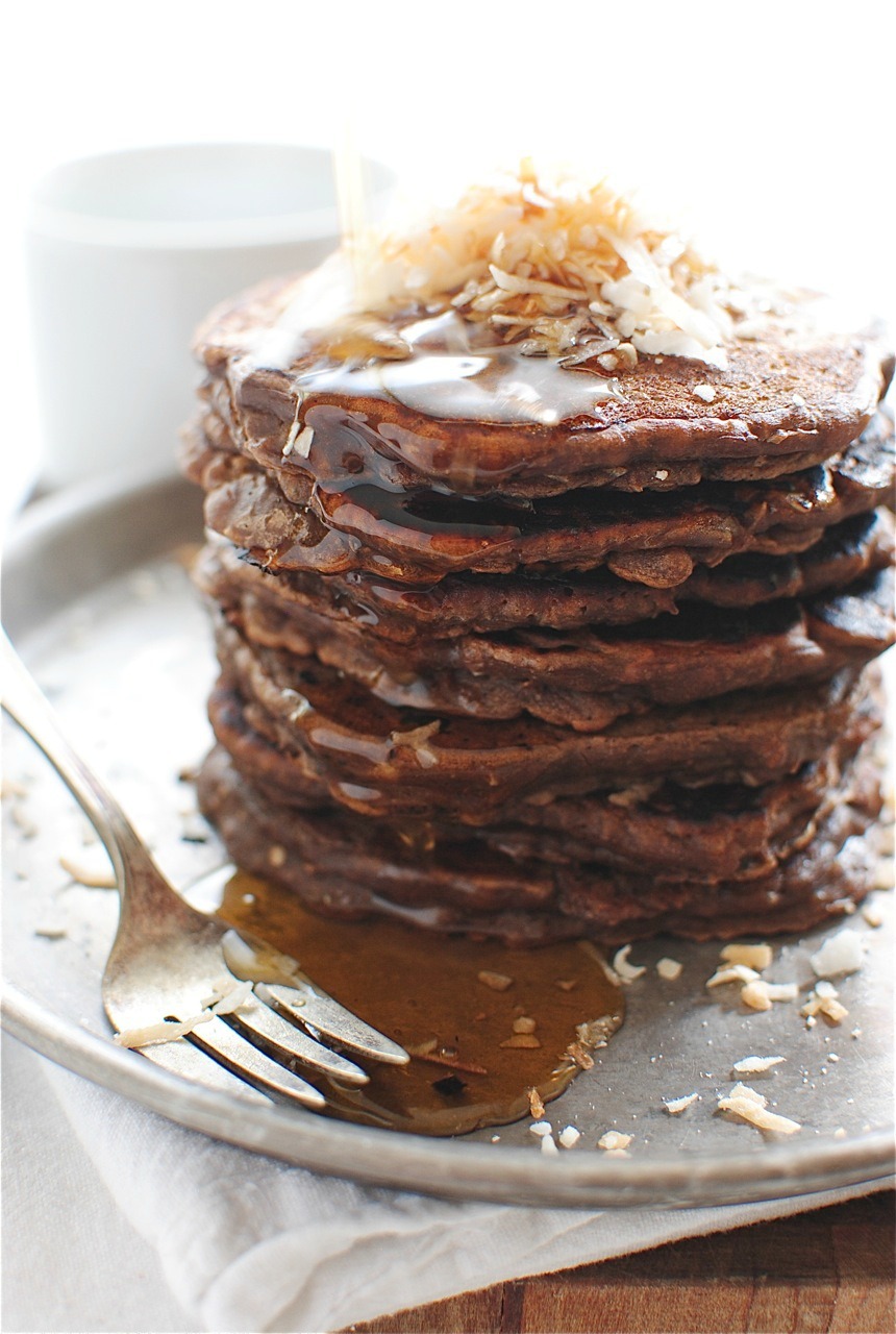toasted coconut chocolate pancakes