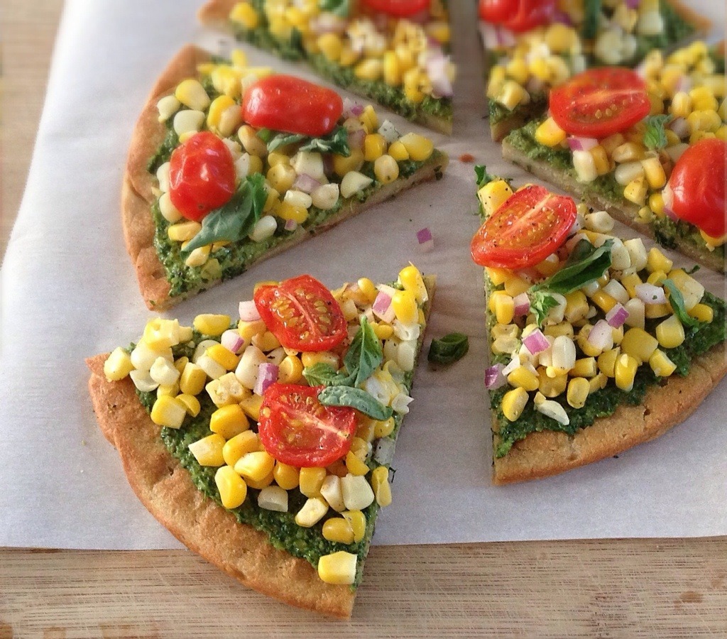 Roasted Corn and Pesto Quinoa Pizza from Almonds and Avocados(Vegan, Gluten-Free)