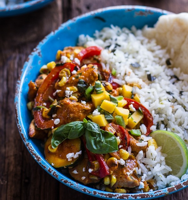 Basil chicken curry with coconut, ginger & lime rice