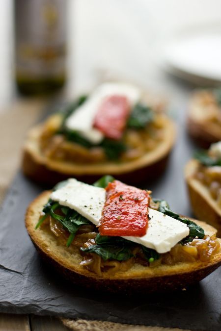 Spinach, Caramelized Onion & Roasted Pepper Open-Faced Sandwiches