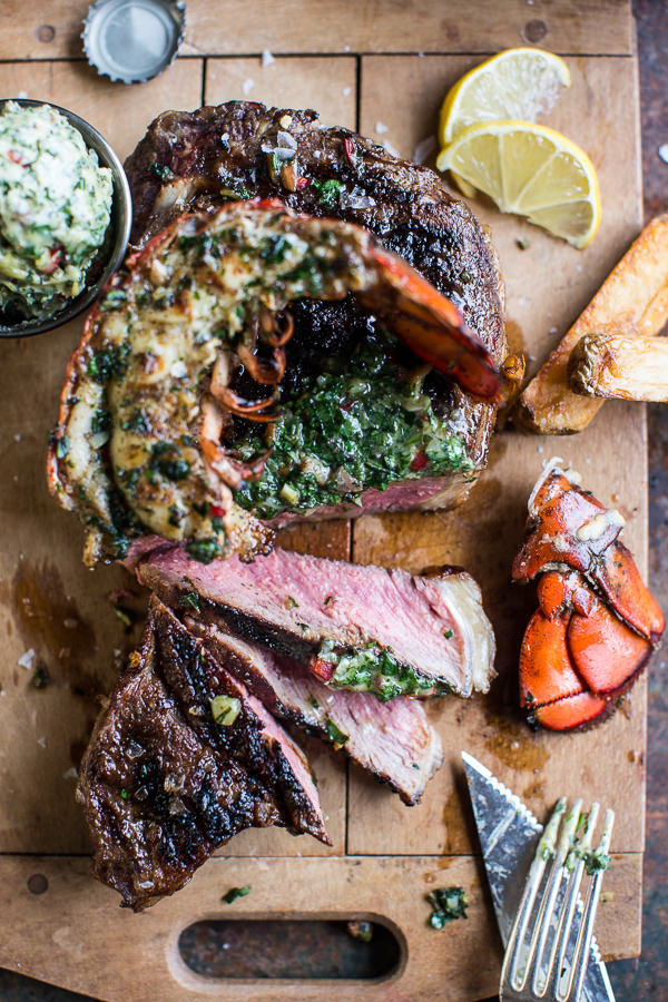 Steak and Lobster with Garlic Chimichurri Butter