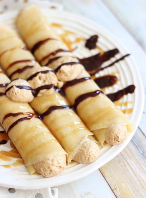 Salted Caramel Crepes with Biscoff Cheesecake Filling and Caramel SauceSource