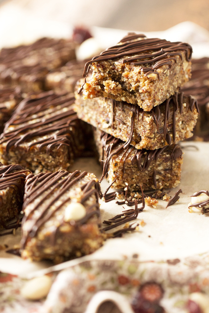 Chocolate & peanut butter energy bars with cranberries and oats