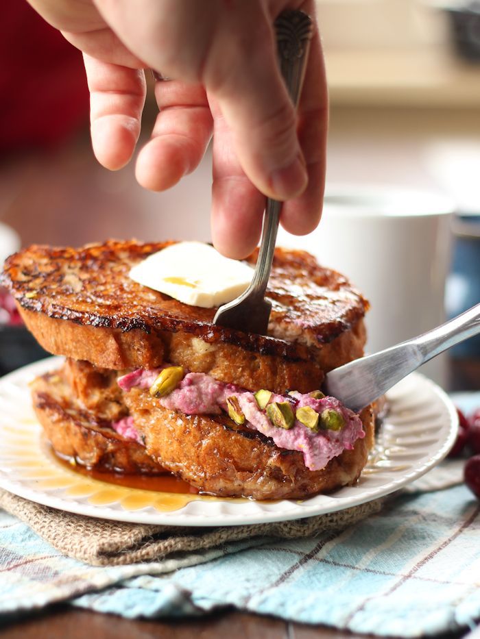 Stuffed Vegan French Toast with Cranberry Cheesecake & Pistachio Filling