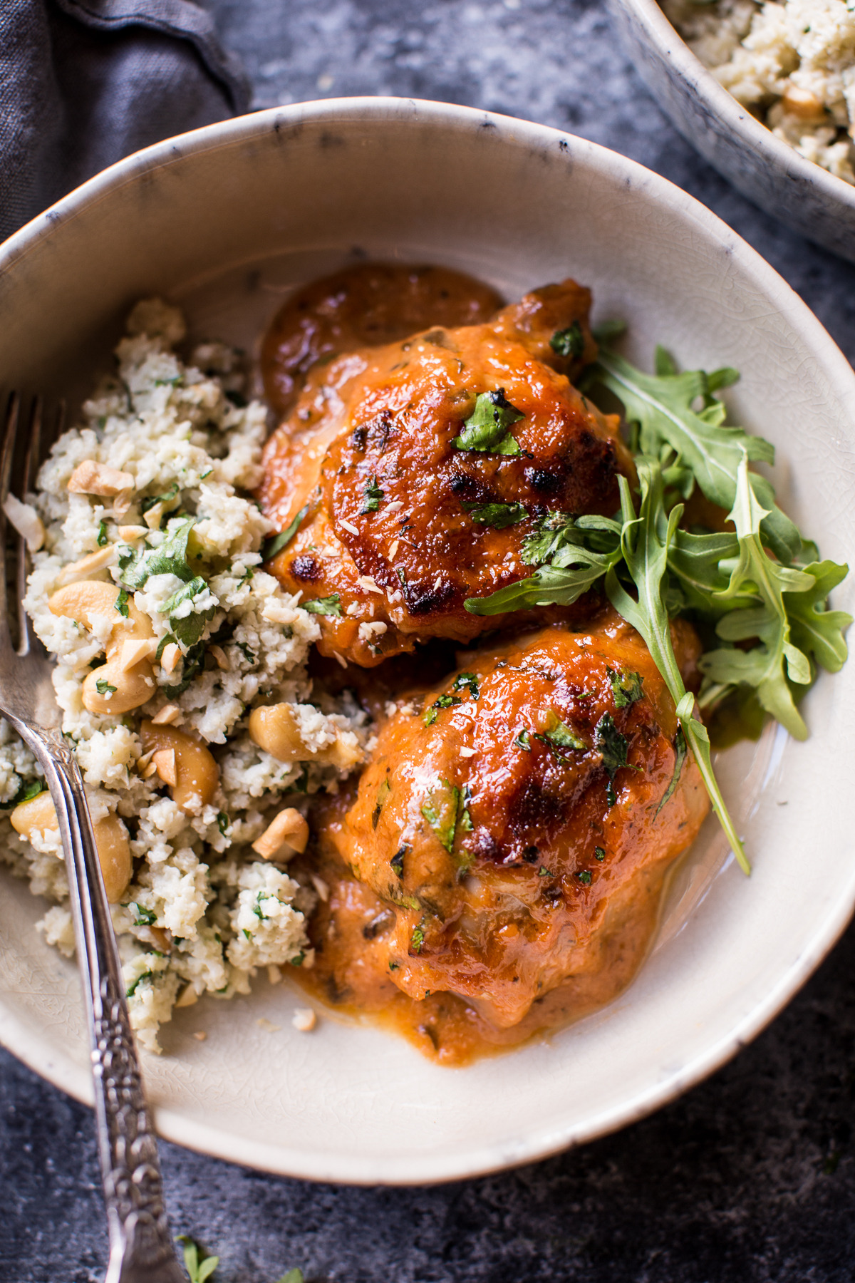 Sticky and sweet 3 ingredient apricot chicken with cauliflower rice